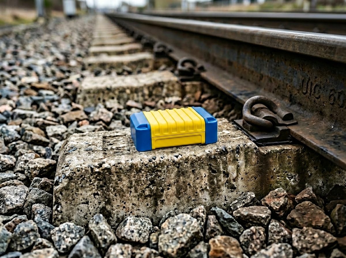 Close-up of a ruggedised IoT vibration sensor mounted on a steel rail