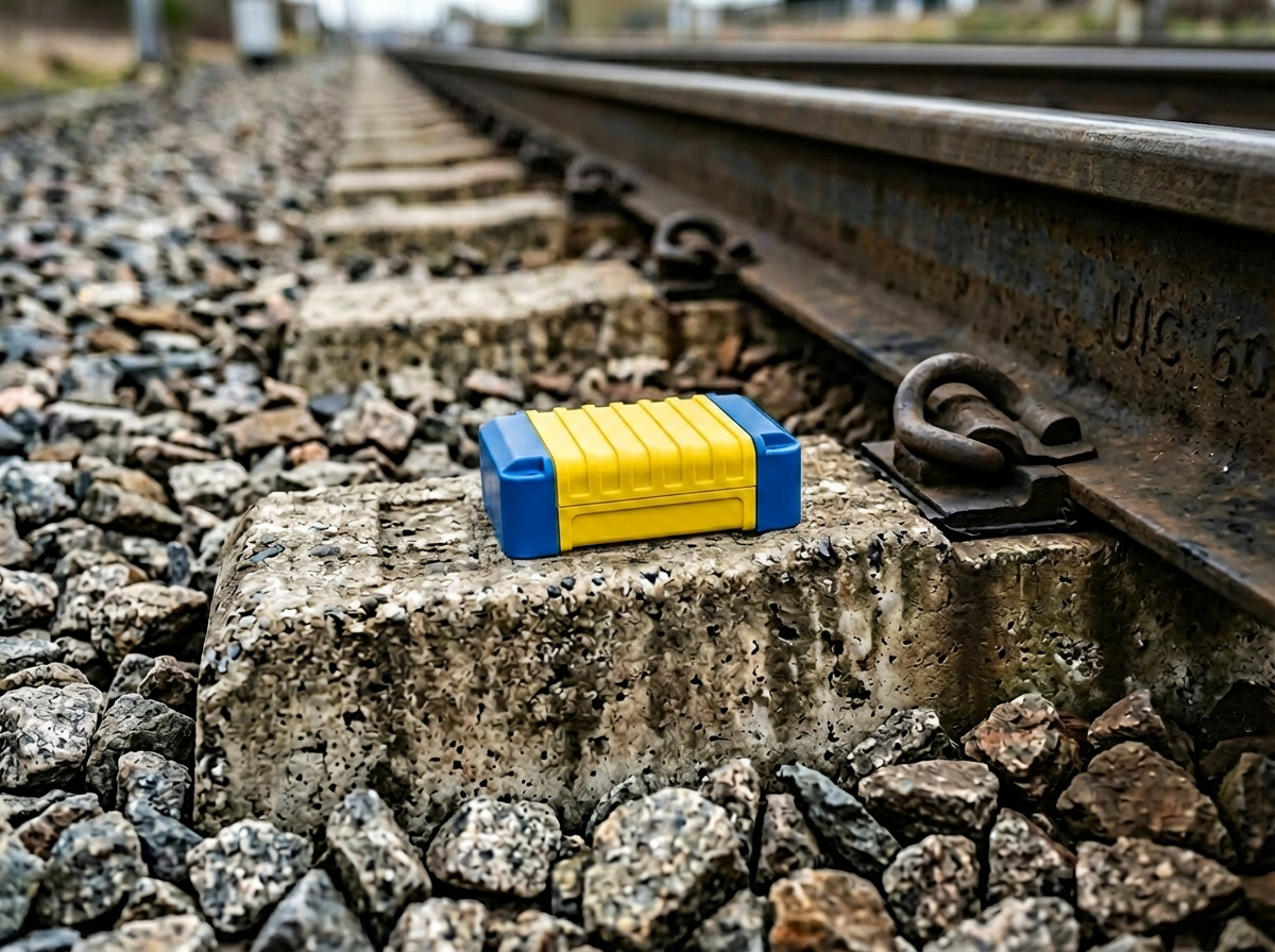 Close-up of a ruggedised IoT vibration sensor mounted on a steel rail
