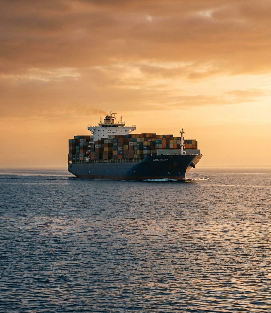 Large modern commercial vessel under way in Gulf waters at golden hour