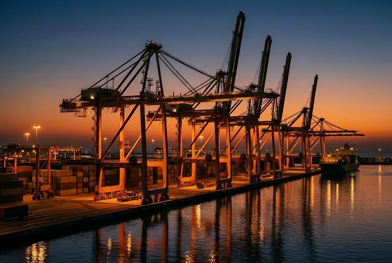 Gulf container port at blue hour with ship-to-shore cranes