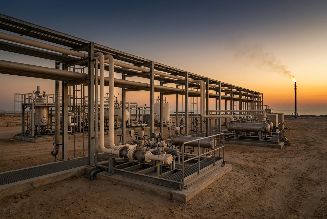 Modern oil and gas processing installation at dusk