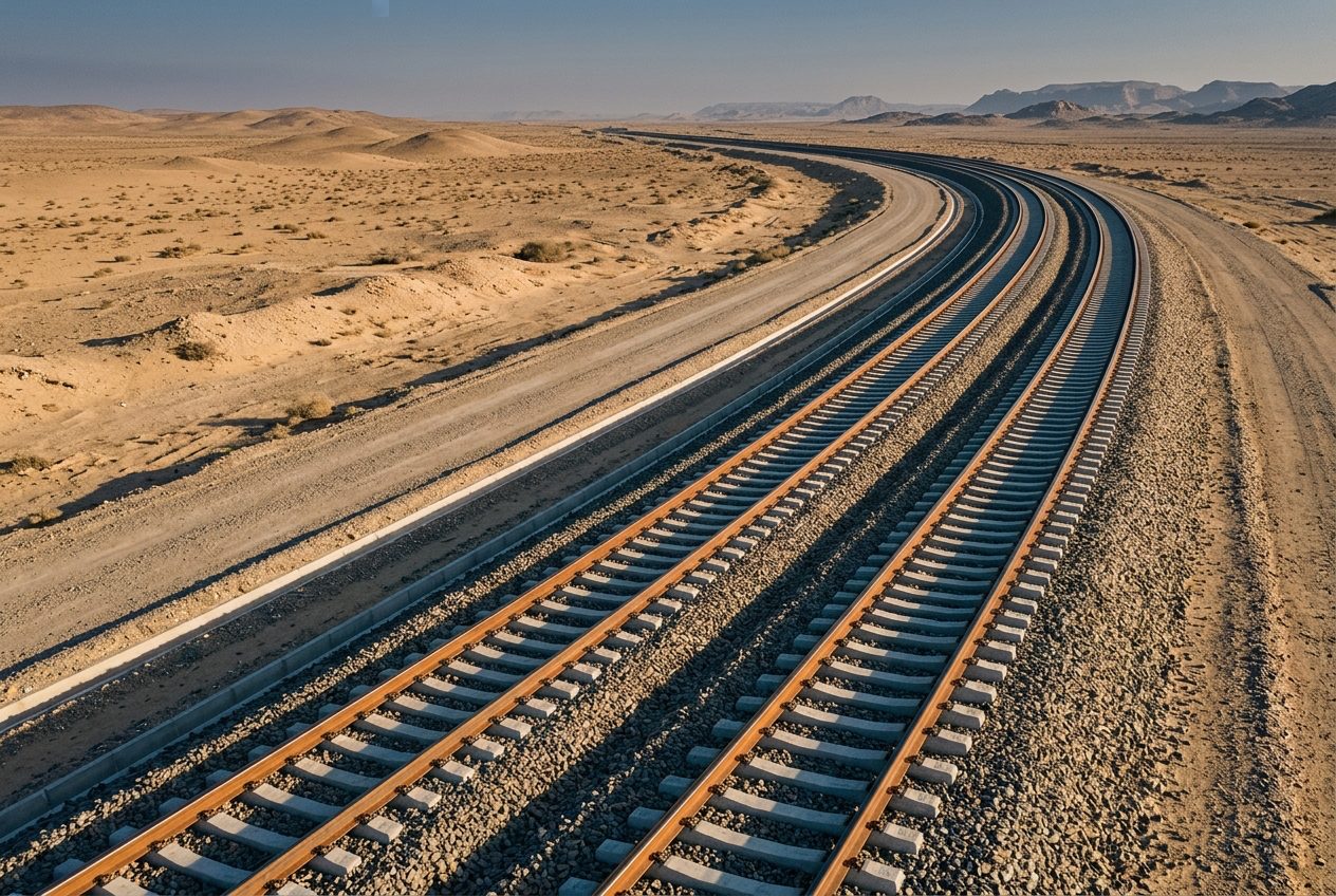 Modern Gulf railway corridor curving through arid terrain