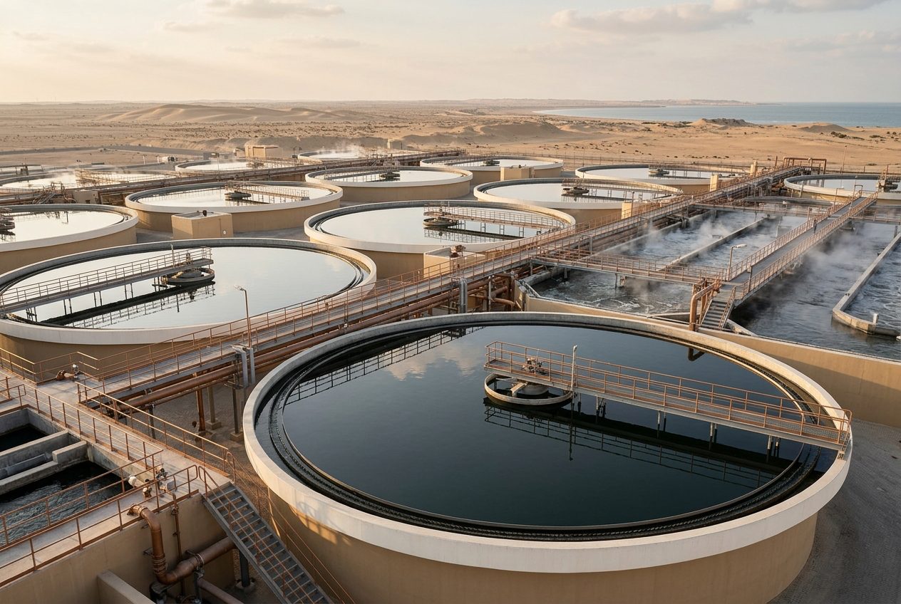 Modern water treatment facility with sedimentation basins