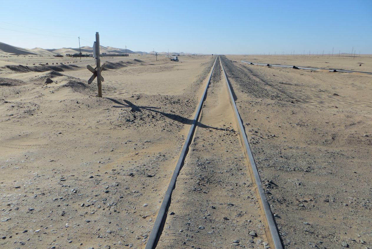 Single railway track across a desert plain