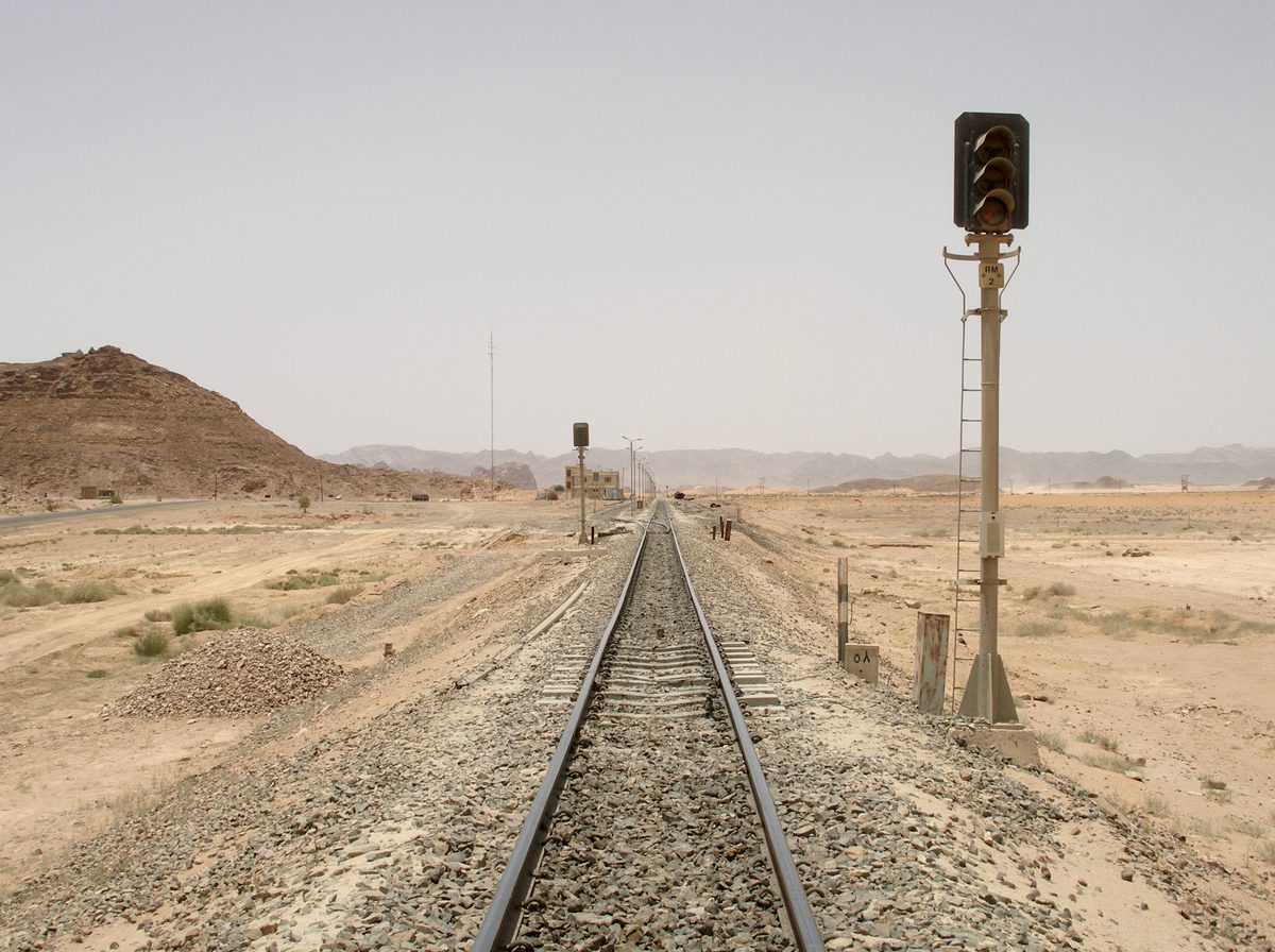 Hejaz railway track running through the desert at Wadi Rum