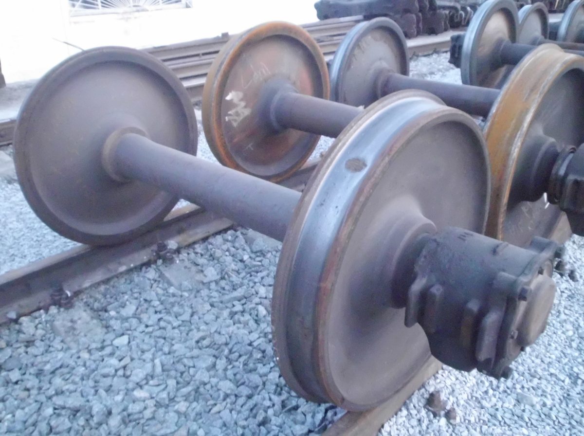 Railway wheelsets stacked in a depot
