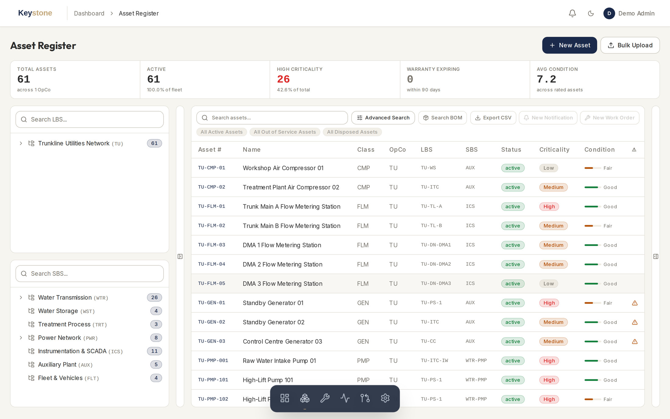Keystone Asset asset register with location and system breakdown trees beside the asset list
